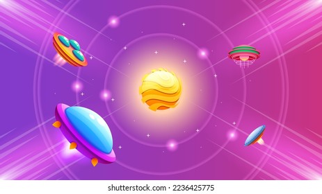 Abstrakte Aliens auf fliegenden Sauerkräften auf dunklem Planet-Hintergrund, strahlendes, nicht identifiziertes, flying object Ufo Stars Vektordesign-Stil