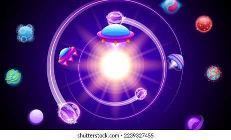 Abstract Aliens On Flying Saucers In Dark Space Planet Background Gradient Unidentified Flying Object Ufo Stars Vector Design Style