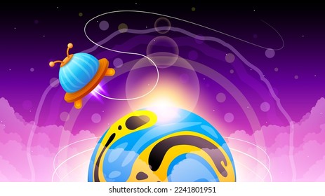 Abstract Aliens On Flying Saucers In Dark Space Planet Background Gradient Unidentified Flying Object Ufo Stars Vector Design Style