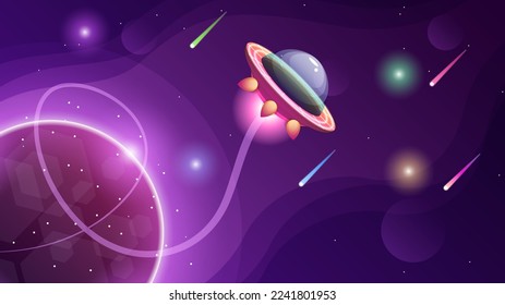 Abstract Aliens On Flying Saucers In Dark Space Planet Background Gradient Unidentified Flying Object Ufo Stars Vector Design Style