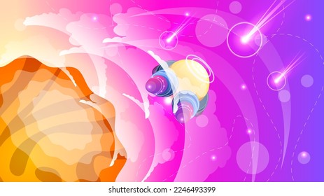 Abstract Aliens On Flying Saucers In Dark Space Planet Background Gradient Unidentified Flying Object Ufo Stars Vector Design Style