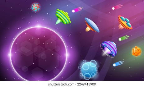 Abstract Aliens On Flying Saucers In Dark Space Planet Background Gradient Unidentified Flying Object Ufo Stars Vector Design Style