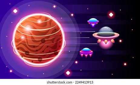 Abstrakte Aliens auf fliegenden Sauerkräften auf dunklem Planet-Hintergrund, strahlendes, nicht identifiziertes, flying object Ufo Stars Vektordesign-Stil