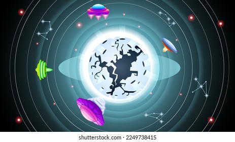 Abstract Aliens On Flying Saucers In Dark Space Planet Background Gradient Unidentified Flying Object Ufo Stars Vector Design Style