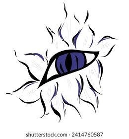 Abstract All Seeing Eye symbol in the form of a flower in Indian-Asian ethnic style for tattoo, drawn with black and blue inks, isolated on white background for logo, print, card, poster, banner