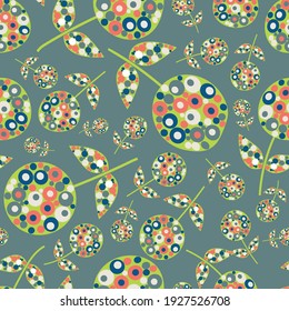 Abstract allium flower seamless vector pattern background. Backdrop of midcentury modern flowers and leaves filled with circle shapes multicolor and teal.Retro floral botanical repeat for wellbeing