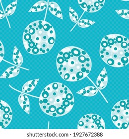 Abstract allium flower seamless vector pattern background. Backdrop of large modern flowers and leaves filled with circle shapes in white and sky blue. Duotone floral botanical repeat for wellbeing