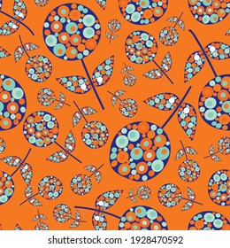 Abstract allium flower seamless vector pattern background. Backdrop of midcentury modern flowers and leaves filled with circle shapes in neon orange blue.Retro floral botanical repeat for wellbeing