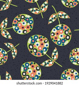 Abstract Allium Flower Seamless Vector Pattern Background. Backdrop Of Midcentury Modern Flowers And Leaves Filled With Circle Shapes In Red, Blue And Slate Black.Retro Floral Botanical Repeat