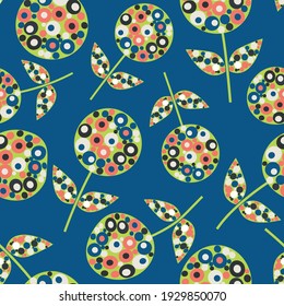 Abstract allium flower seamless vector pattern background. Midcentury modern flowers with bejewelled effect circle shapes on navy blue backdrop. Chic retro floral botanical repeat for wellbeing