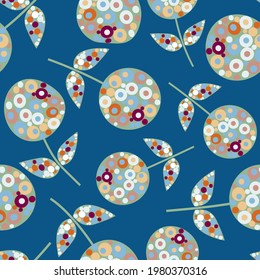 Abstract allium flower seamless vector pattern background. Midcentury modern flowers with circle fill shapes on navy blue backdrop. Chic retro floral botanical repeat for wellbeing