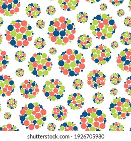 Abstract allium flower seedhead seamless vector pattern background. Blue, coral red, lime green seeds within large circle sphere shapes on white backdrop. Retro floral botanical repeat for wellbeing