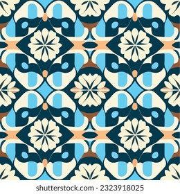 Abstract and alluring, seamless pattern showcases harmonious blend of blue, brown, and white hues, inviting the viewer to get lost in its repeating fabric design.