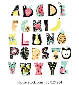 Abstract Alphabet fruit. Creative Kids font. Great for education, home decor. It Be used for funny t-shirt quotes and kids fashion prints. Creative alphabet. Vector Illustration