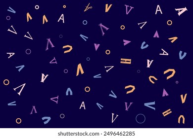 Letras de patrón geométrico del alfabeto Abstractas Diseño aleatorio sobre fondo oscuro. Papel de regalo. Sábanas e interior. Tema o cartel de la escuela y el aprendizaje y2k