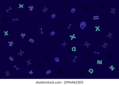 Abstrakt Alphabet geometrische Muster Buchstaben Zufälliges Layout auf dunklem Hintergrund. Geschenkpapier. Bettwäsche und Interieur. Schule und Lernen Thema oder Poster y2k
