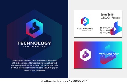 Abstract alphabet letter b lowercase logo in hexagon. Gradient colors. Business card vector template, 