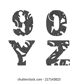 abstract alphabet letters shape of circles in two colors