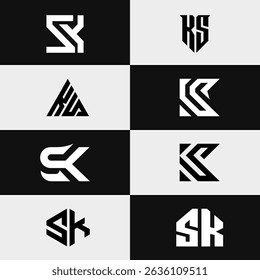 Abstract alphabet logo set featuring letters SK and Ks designed for stock market and finance brands. Modern, minimal, and professional style ideal for business identity and investment marketing.

