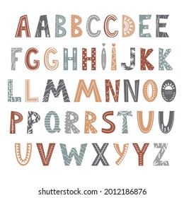 Abstraktes Alphabet im skandinavischen Stil. Mehrere Buchstaben Varianten, um eine bessere Wahl. Kinderschmuck für die Innendekoration, Wandkunst, Anführungszeichen, Karten und Modedrucke. Vektorgrafik, Pastellfarben