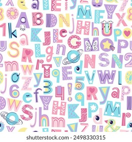 Abstract alphabet seamless pattern. Hand drown illustration of letters and numbers