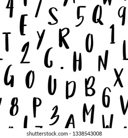 Abstracto alfabeto patrón sin fisuras en estilo manuscrito. Números y letras. Tipo de letra manuscrita en blanco y negro en estilo doodle.