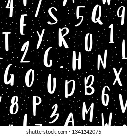 Abstract alphabet seamless pattern in handwritten style. Numbers and letters. Black and white handwritten font in doodle style.