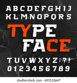 Abstract alphabet typeface. Oblique type letters and numbers on a dark polygonal background. Vector font for your design.