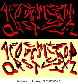 Abstract alphabet typography artwork featuring bold red brush strokes and expressive letterforms on contrasting black and yellow backgrounds. Creative and experimental typographic design suitable for posters, branding, graphic design projects, modern art backgrounds, and visual communication concepts