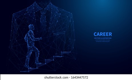 Abstract ambitions concept with businessman climbing stairs. Polygonal career concept with double exposition of businessman climbing stairs with business classic suit  silhouette. low poly wireframe.