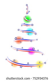 Abstract American Christmas tree ribbon balls lights isolated