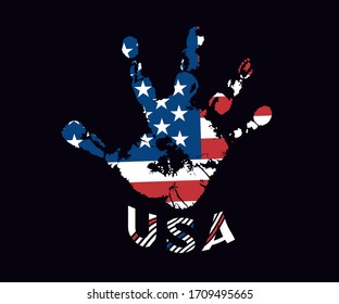 Abstract American flag USA in the form of a handprint. Palm print. Vector design element isolated background.