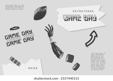 Abstract American football banner. Brutal halftone effects, modern typography and urban grunge texture. Surreal hand reaching for the ball. Ideal for sports events, promotions, mixed media designs.