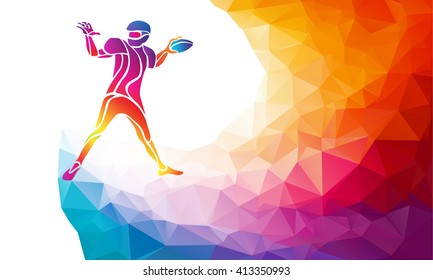 Abstract american football player, color vector illustration on polygonal multicolor background