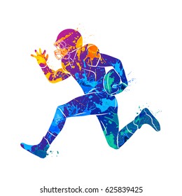 Abstract american football player from splash of watercolors. Vector illustration of paints.