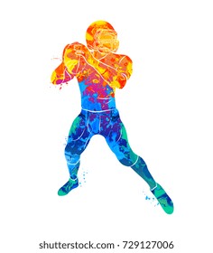 Abstract american football player from splash of watercolors. Vector illustration of paints.