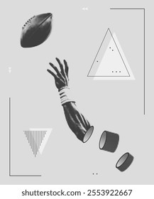 Abstract American football poster. Brutal halftone effects, geometric shapes and urban grunge texture. Surreal hand reaching for the ball. Perfect for sports designs and modern mixed media graphics.