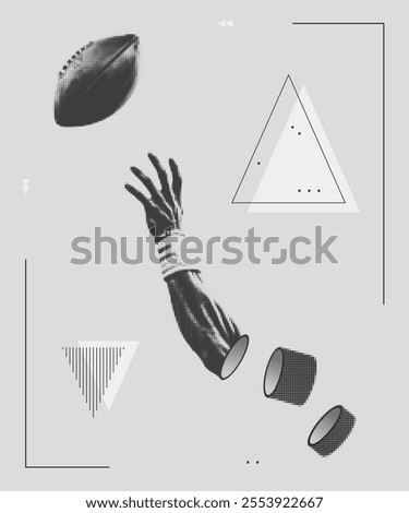 Abstract American football poster. Brutal halftone effects, geometric shapes and urban grunge texture. Surreal hand reaching for the ball. Perfect for sports designs and modern mixed media graphics.