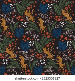 abstract aminal and leaf texture print pattern. Black background