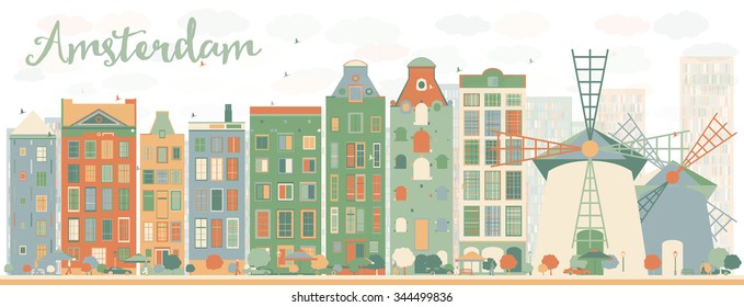 Abstract Amsterdam city skyline with color buildings. Vector illustration. Business travel and tourism concept with historic buildings. Image for presentation, banner, placard and web site.