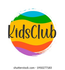 Abstract amusing bright circle kids world logo,childhood planet sign,kids club icon,playground symbol.Design templates kid shop,toy store,kindergarten,kids city.Vector illustration hand drawn.