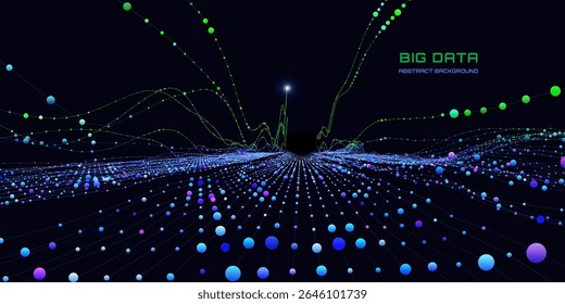 Fundo analítico abstrato com linhas de cores conectando esferas gráfico analisar no ciberespaço escuro. Conceito de criptografia quântica.  Banner para negócios, ciência e tecnologia. Gráfico de dados. Big data.