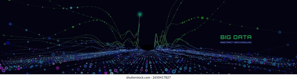 Fundo analítico abstrato com linhas de cores conectando círculos gráfico analisar no ciberespaço escuro. Conceito de criptografia quântica. Banner para negócios, ciência e tecnologia. Gráfico de dados. Big data.