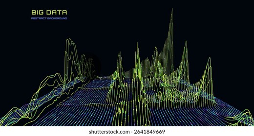 Abstract analytical background with graph of color lines connecting points chart analyze  in dark cyberspace. Quantum cryptography concept. Big data.  Banner for business, science and technology. 