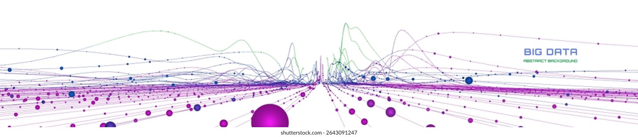 Fundo analítico abstrato com gráfico de linhas analisa dados de esferas no ciberespaço branco. Big data. Conceito de criptografia quântica.  Banner para negócios, ciência e tecnologia. Gráfico de dados