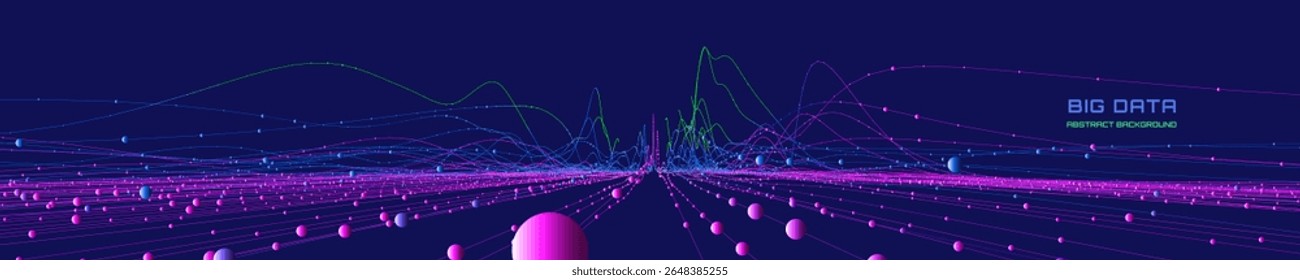 Fundo analítico abstrato com gráficos de linhas analisam os dados das esferas no ciberespaço. Big data. Conceito de criptografia quântica.  Banner para negócios, ciência e tecnologia. Gráfico de dados