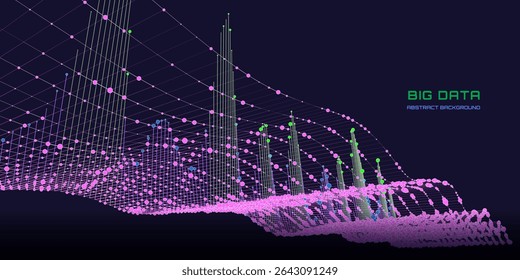Fundo analítico abstrato com grade ondulada conectando círculos gráfico analisar no ciberespaço escuro. Conceito de criptografia quântica.  Big data.  Banner para negócios, ciência e tecnologia. 