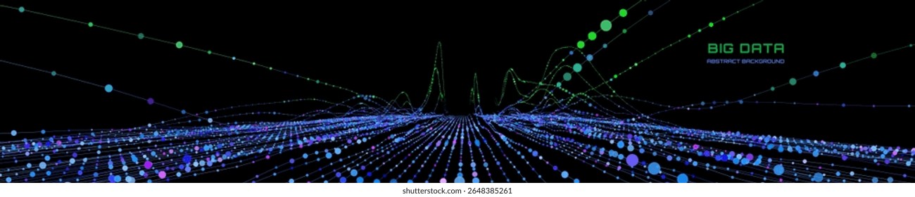 Fundo analítico abstrato com gráfico de linhas onduladas analise os dados dos círculos no ciberespaço escuro.  Conceito de gráficos de criptografia quântica.  Banner para negócios, ciência e tecnologia. Gráfico de dados. Big data.