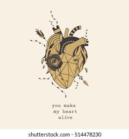 Abstract anatomical golden heart on bright background. Blooming polygonal heart of stone. Tattoo, t-shirt art. Valentines Day card. 