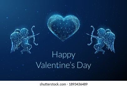 Abstract angel cupid flying and aiming into heart. Happy Valentine's day card. Low poly style design. Geometric background. Wireframe light structure. Modern 3d graphic concept. Vector illustration.